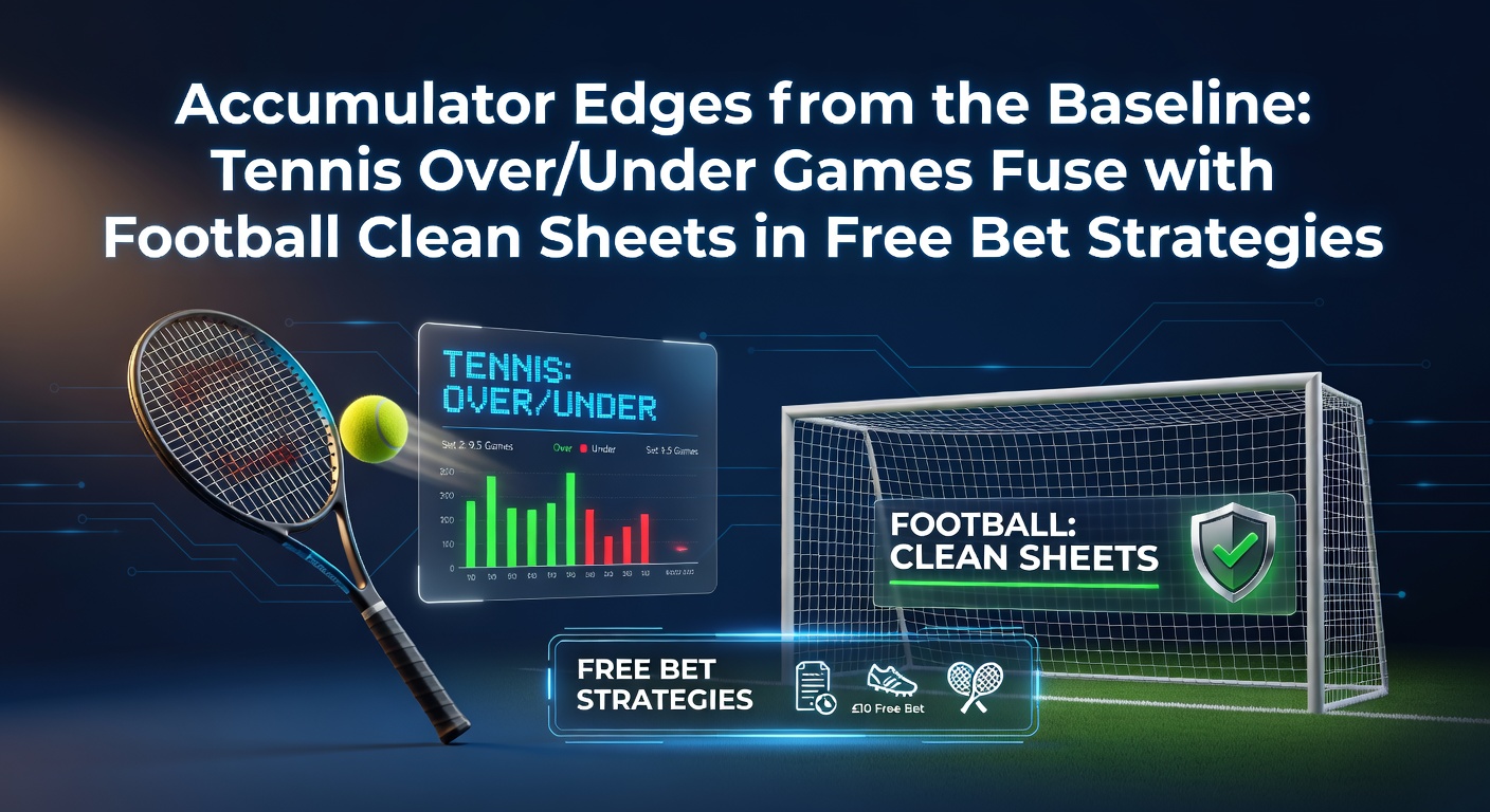 Tennis player serving on clay court with football goal in background overlay, symbolizing accumulator bet fusion