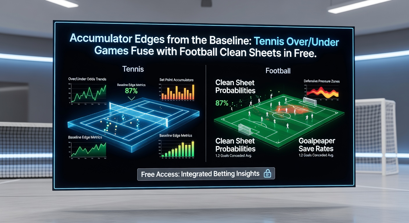Football defender clearing ball during clean sheet stand, merged with tennis scoreboard showing over games total