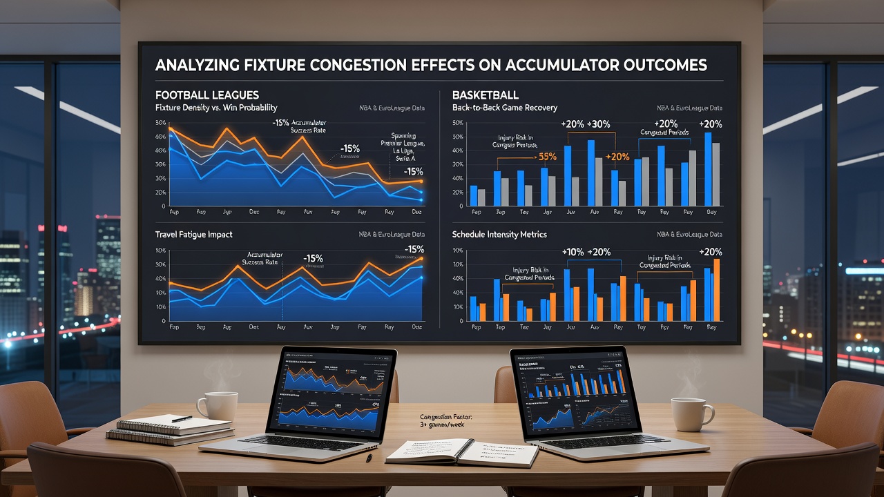 Data visualization charts displaying accumulator success rates under fixture congestion conditions in football and basketball
