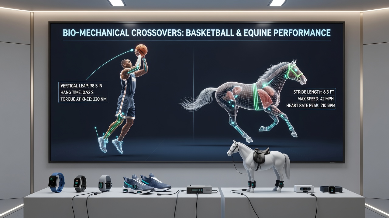Comparative graphs showing force plate data from basketball vertical jumps alongside equine stride analysis during trotting