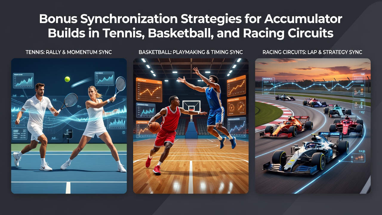 Accumulator build interface showing synchronized bonuses across tennis, basketball, and motorsport events