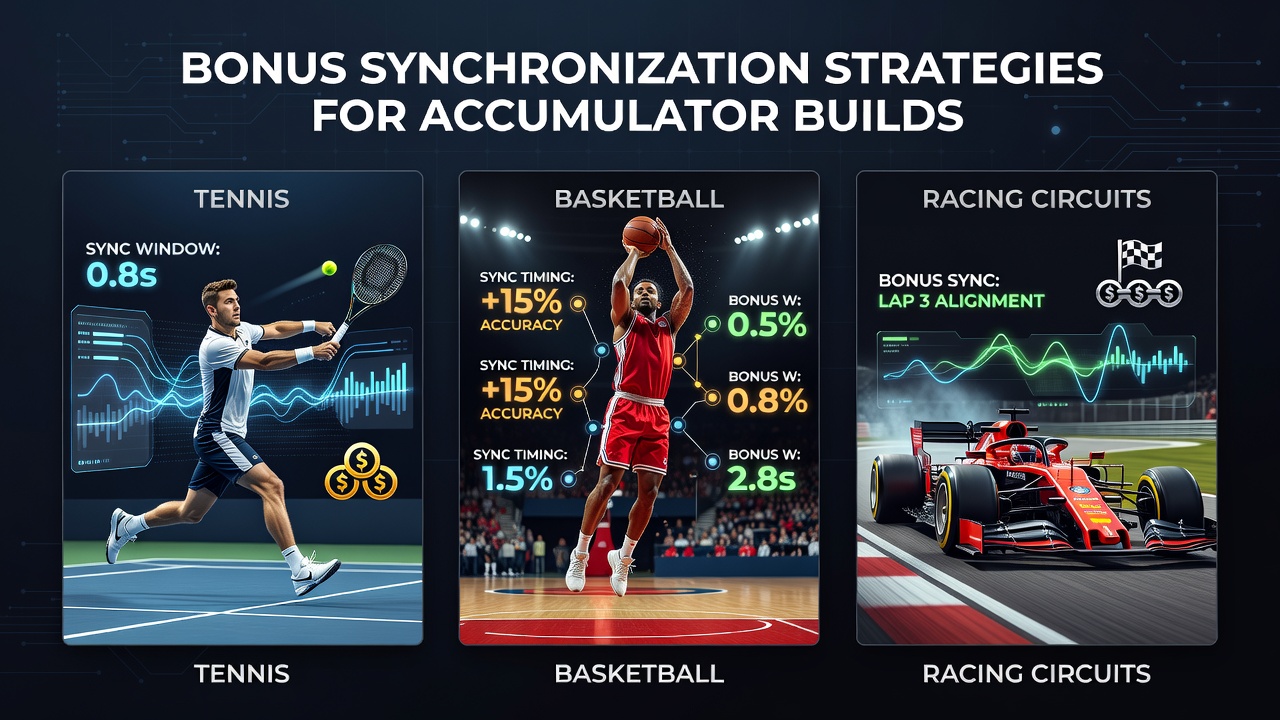 Split-screen view of live accumulator tracking across tennis sets, basketball quarters, and racing laps