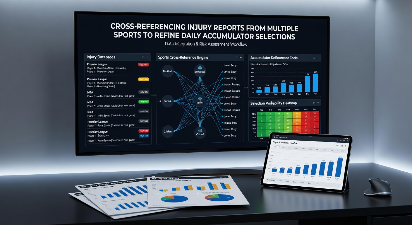 Sports analysts reviewing injury reports from football, basketball and tennis on multiple screens