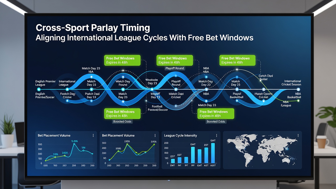 Bettor analyzing cross-sport parlay selections on multiple screens showing league fixtures and bonus expiry dates