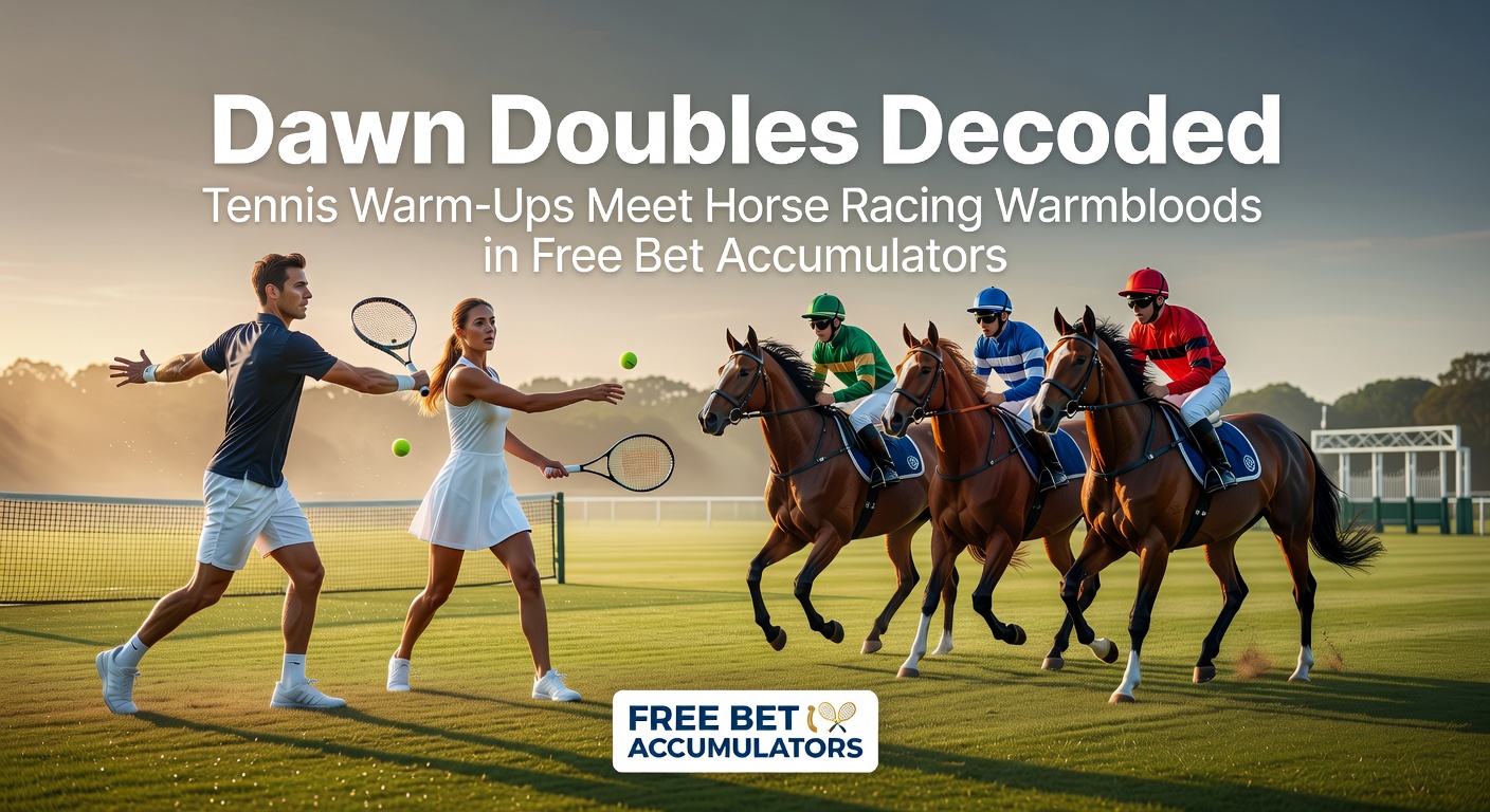 Early morning tennis doubles match on a sunlit court, with a horse racing stable of warmbloods visible in the misty background, symbolizing the fusion of sports in betting accumulators