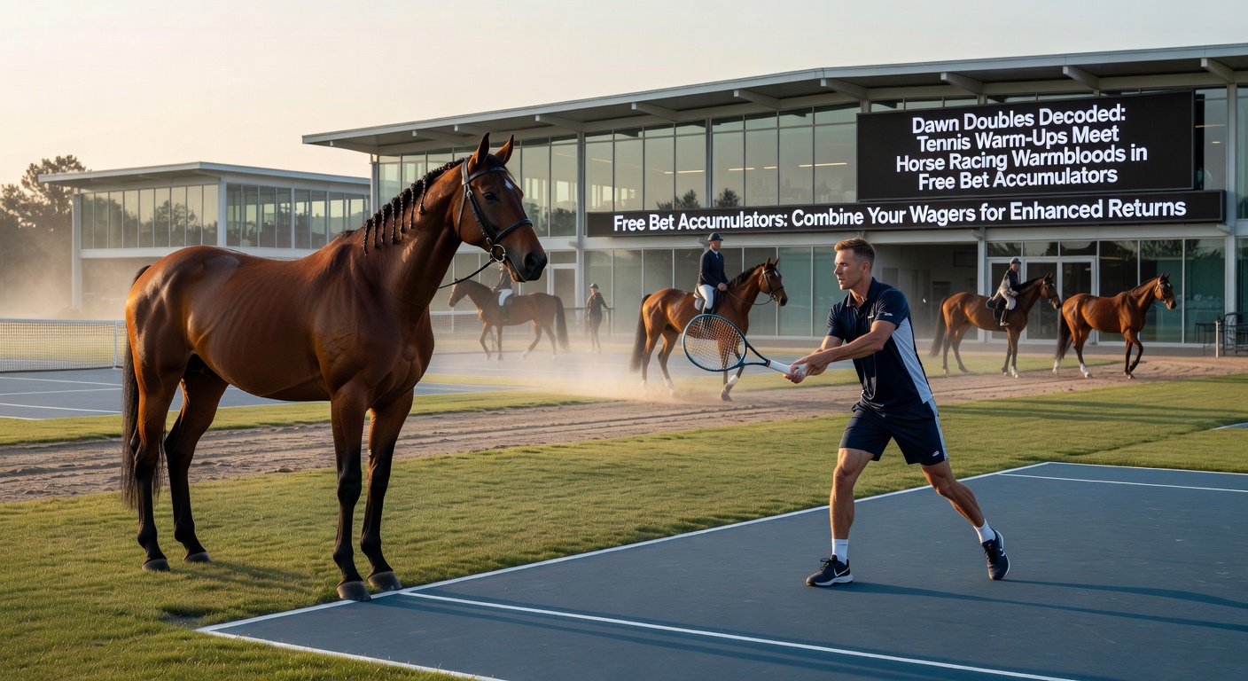 A majestic warmblood horse warming up on a racetrack at dawn, paralleled by tennis players stretching nearby, illustrating the synchronized betting opportunities in accumulators
