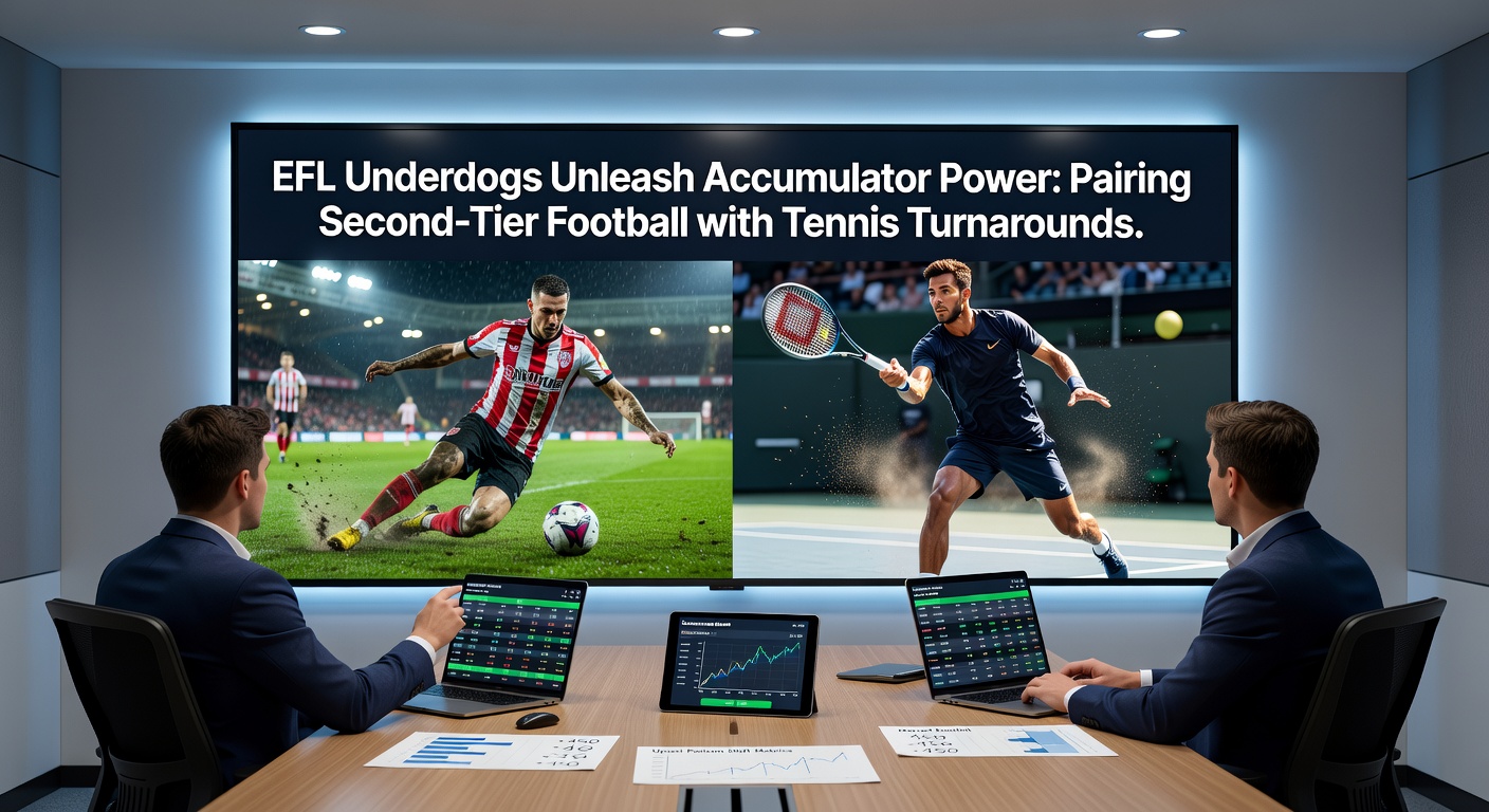 Tennis player celebrating a set turnaround during an ATP match, contrasted with EFL fans cheering an underdog goal