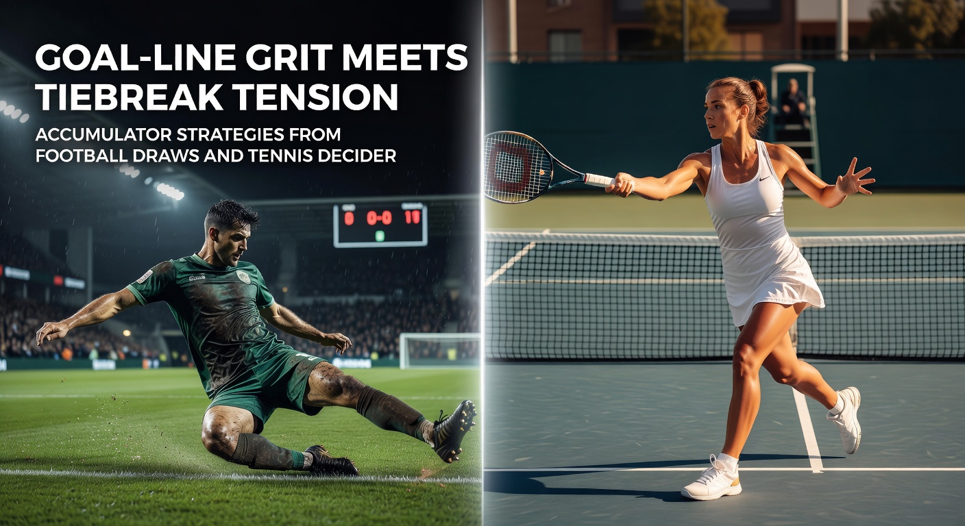 Split-image graphic showing a football goal-line scramble beside a tennis player mid-tiebreak serve, symbolizing accumulator fusion