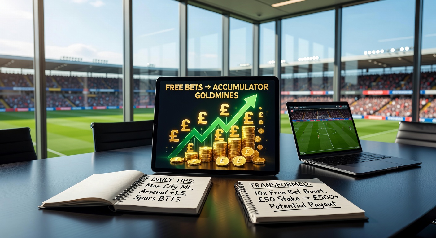 Vibrant stadium scene with football players in action under floodlights, overlaid with glowing accumulator bet slips and free bet icons symbolizing potential wins