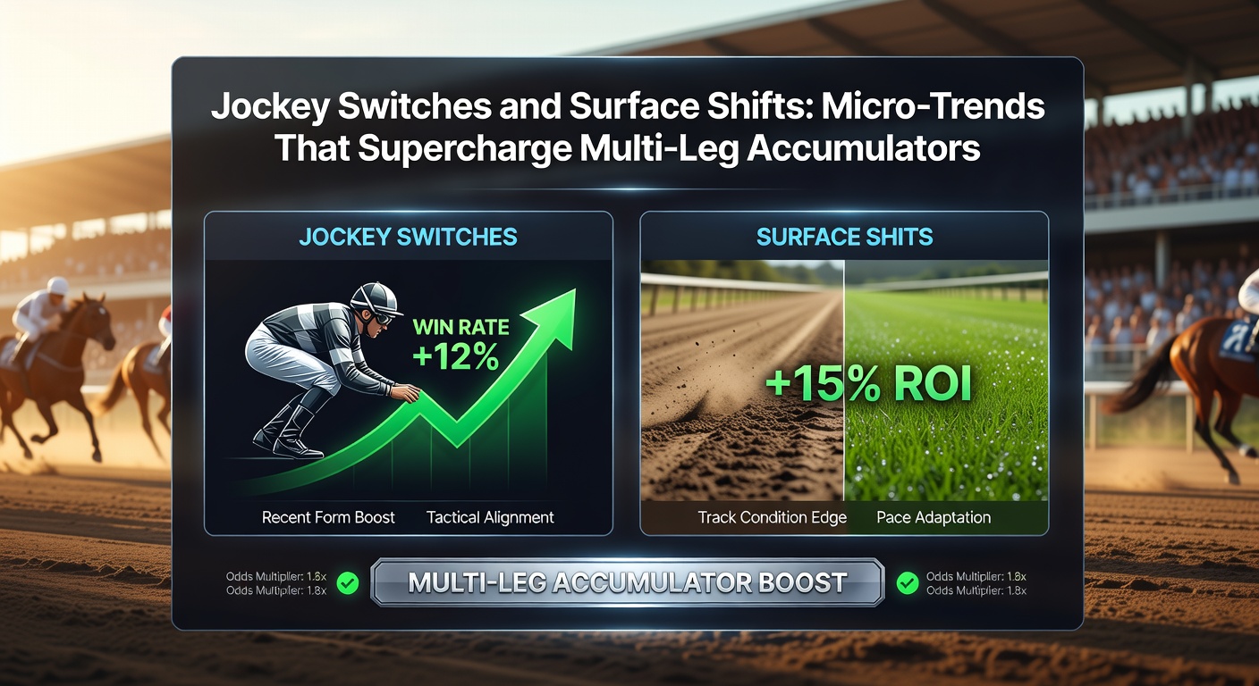 Dynamic split image of a jockey mid-changeover at the races paired with tennis pros battling on contrasting court surfaces, capturing accumulator betting synergy