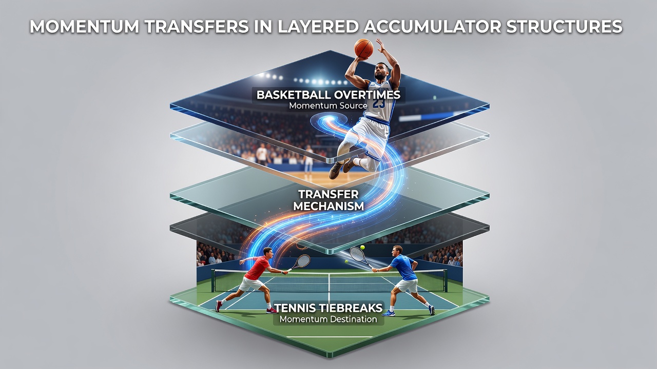 Basketball player driving to the hoop during overtime with tennis court overlay showing tiebreak tension