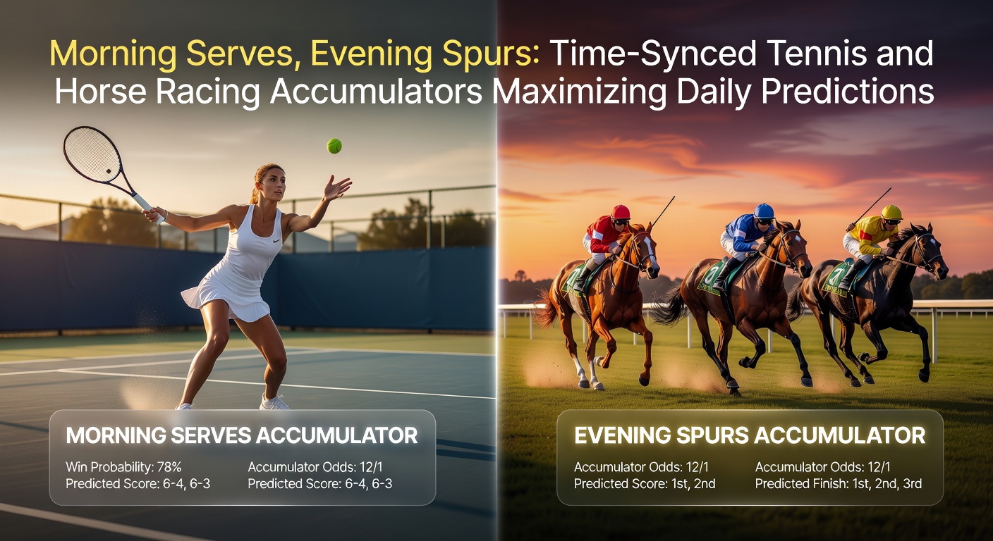 Tennis player serving on a sunlit court as horse racers thunder down a track in the evening glow, symbolizing time-synced accumulator bets