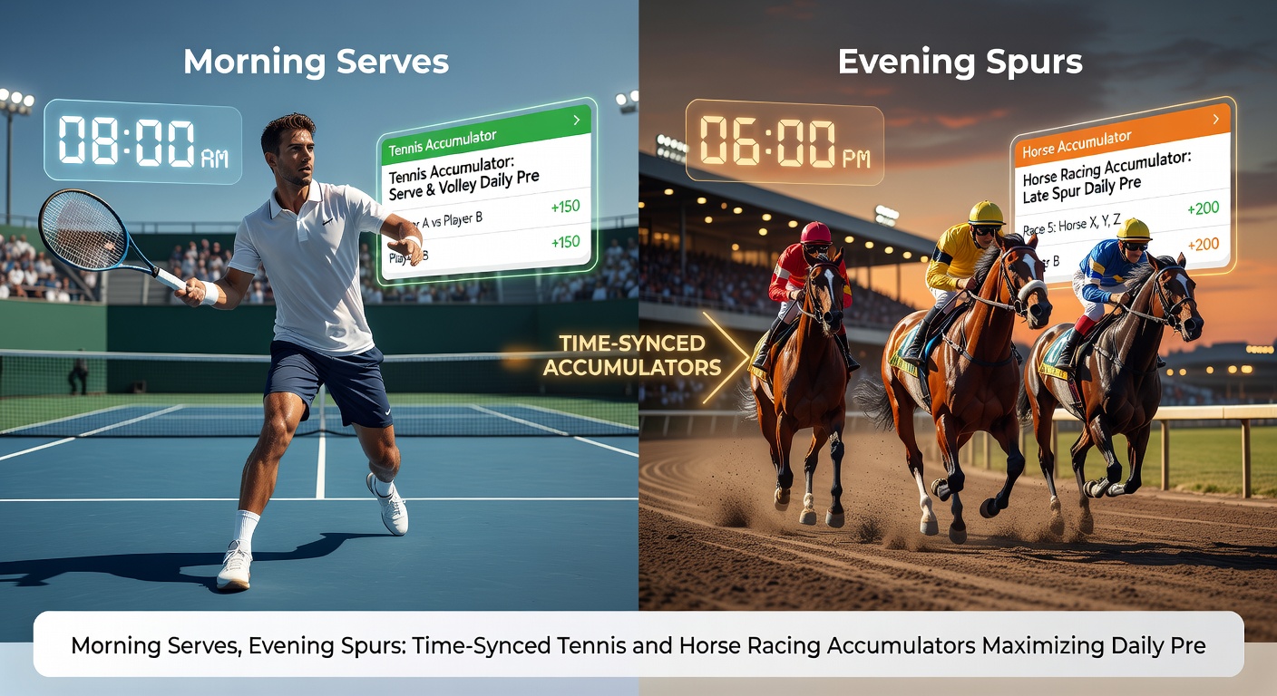 Close-up of a tennis racket mid-serve transitioning to a jockey urging a horse forward at evening twilight, illustrating the seamless daily accumulator flow