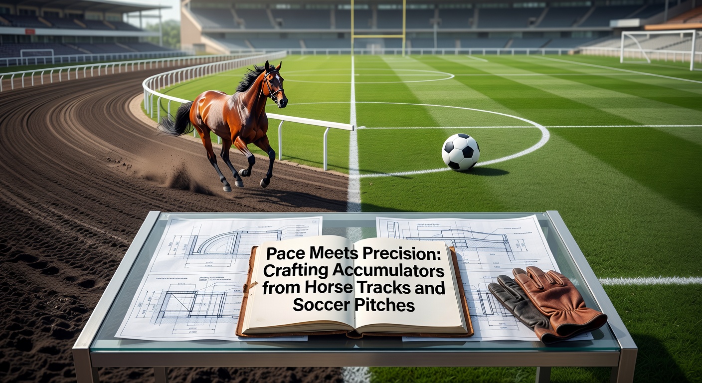Horse racing action on a muddy track merges visually with soccer players battling for possession on a green pitch, symbolizing accumulator bet fusions