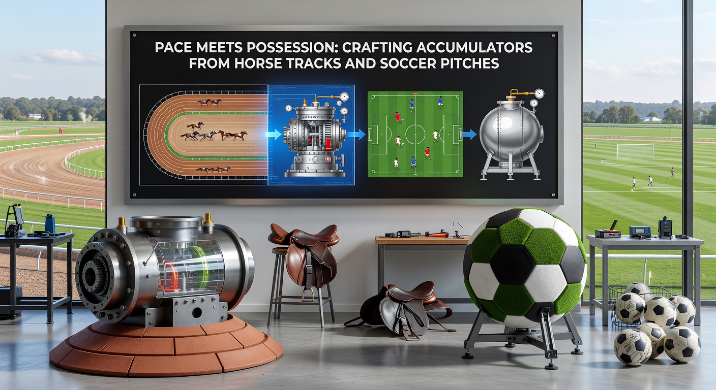 Dynamic split image of a horse charging down the straight and soccer midfielders jostling for the ball, illustrating pace-possession accumulator dynamics