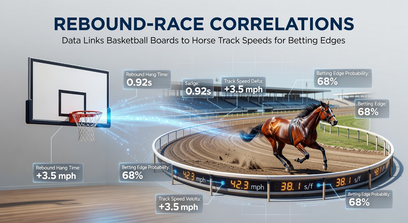 Dynamic action shot of a basketball player grabbing a rebound mid-air while a horse races fiercely on a track in the background, symbolizing the unexpected data link between the two sports