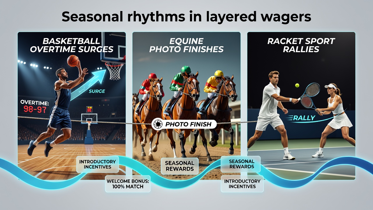 Basketball players in overtime action alongside horse racing photo finish scenes