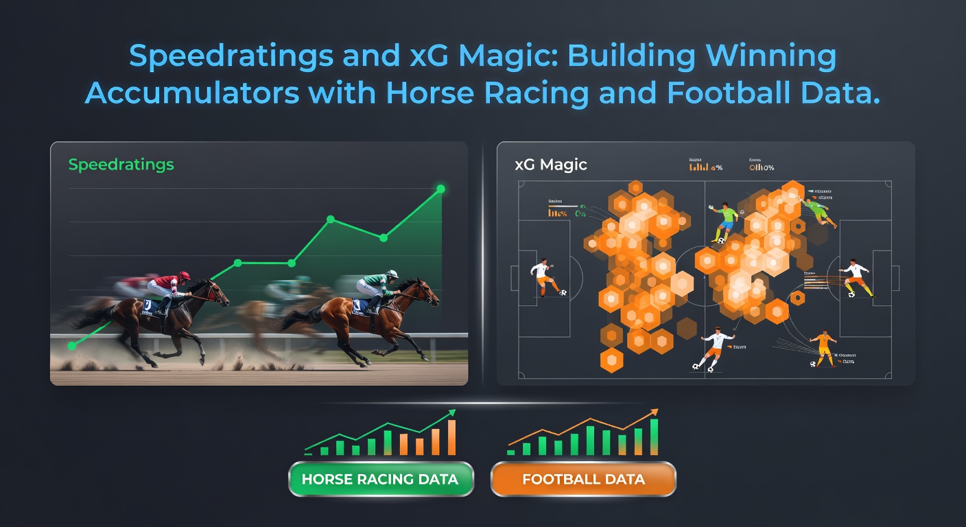 Visual overlay of horse racing speedratings chart merged with football xG heatmap, illustrating accumulator potential