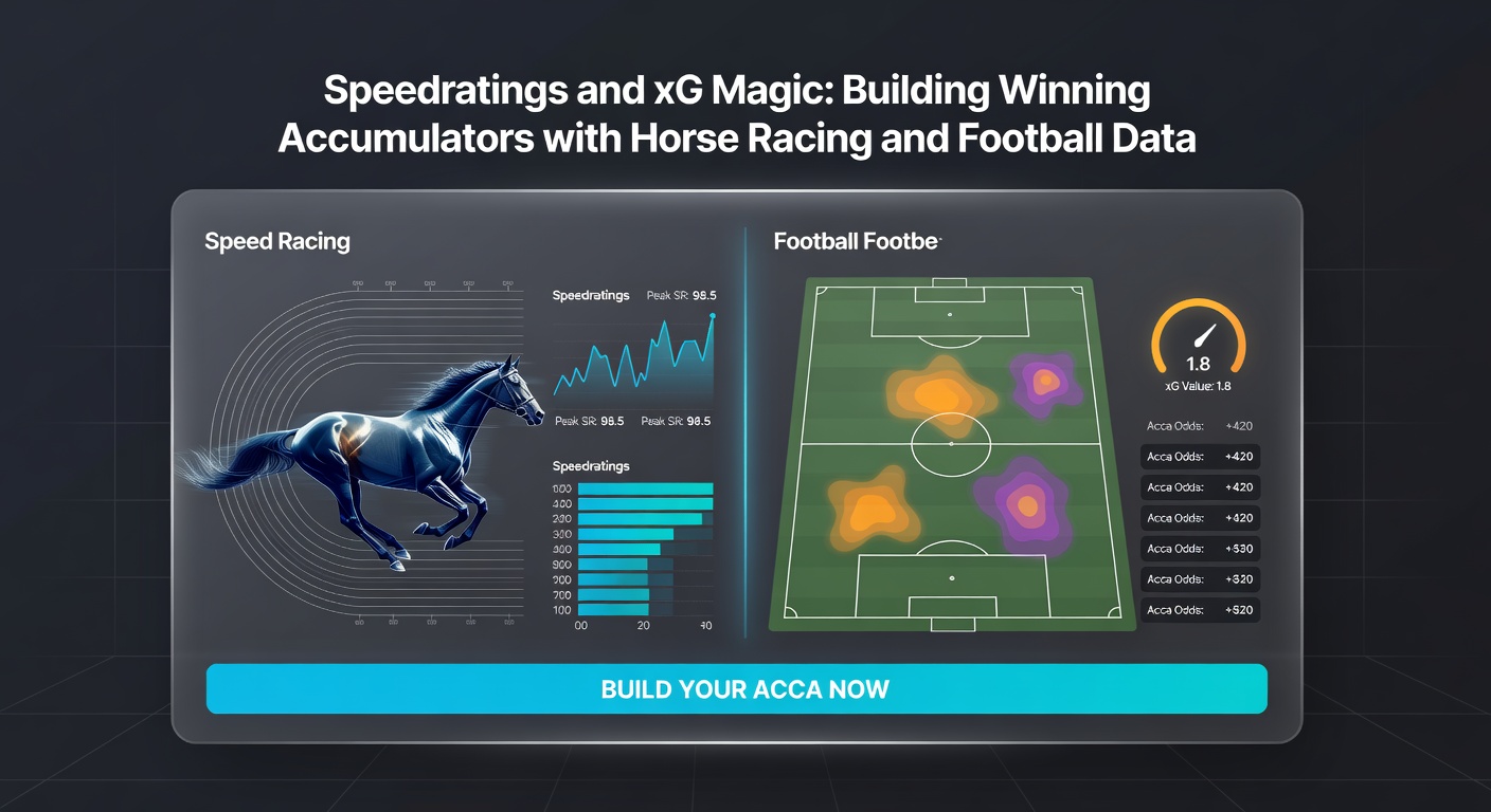 Infographic of sample accumulator slip blending horse speedratings and football xG stats for a multi-sport bet