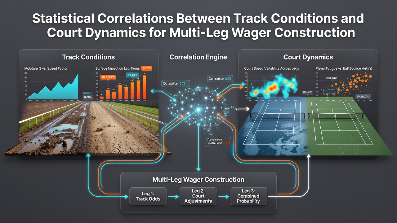 Statistical analysis dashboard showing horse racing track conditions alongside tennis court surface data for multi-leg betting correlations