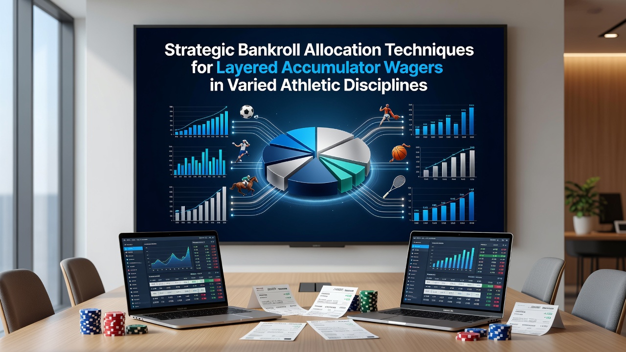Strategic bankroll allocation chart showing layered accumulator wager distribution across football, tennis, and basketball events