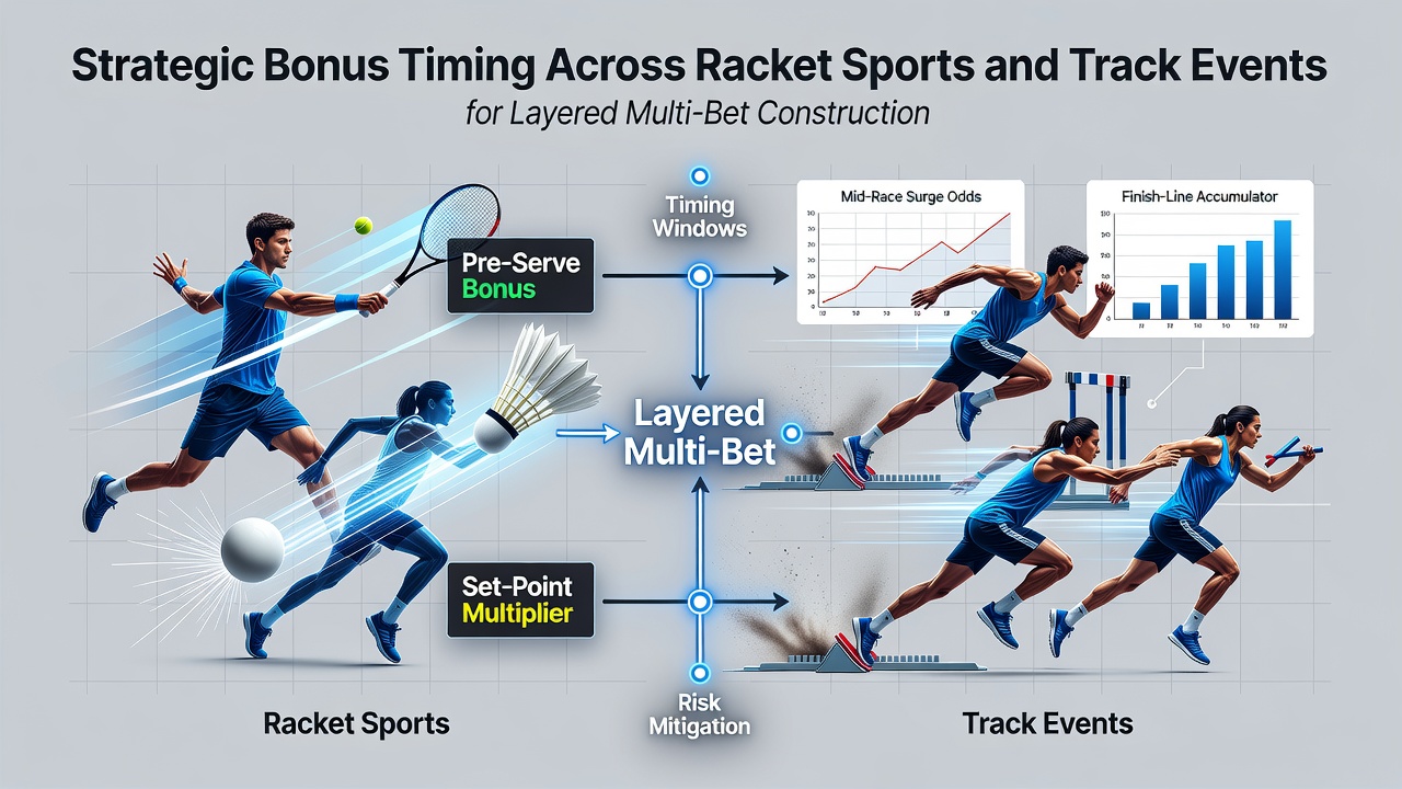 Strategic bonus timing visualization showing racket sports and track events aligned with betting windows
