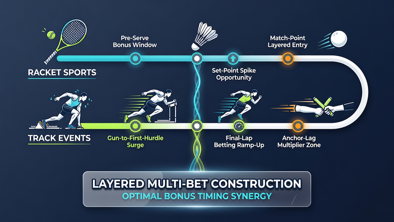 Layered multi-bet construction diagram linking racket and track event timings