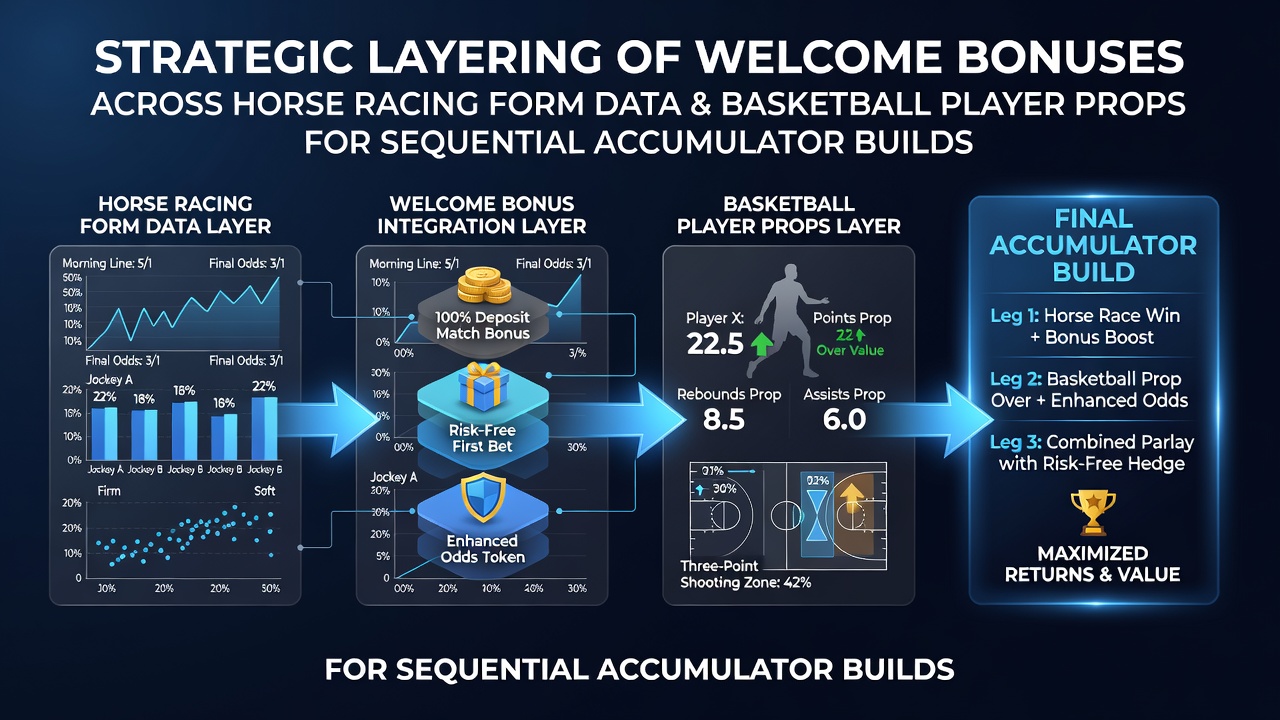 Strategic layering of welcome bonuses across horse racing form data and basketball player props for sequential accumulator builds