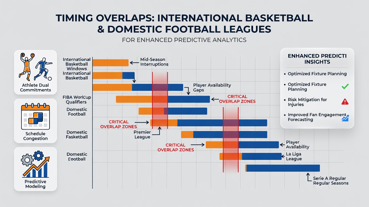 Split-screen graphic illustrating a basketball player in international competition alongside a football match schedule timeline