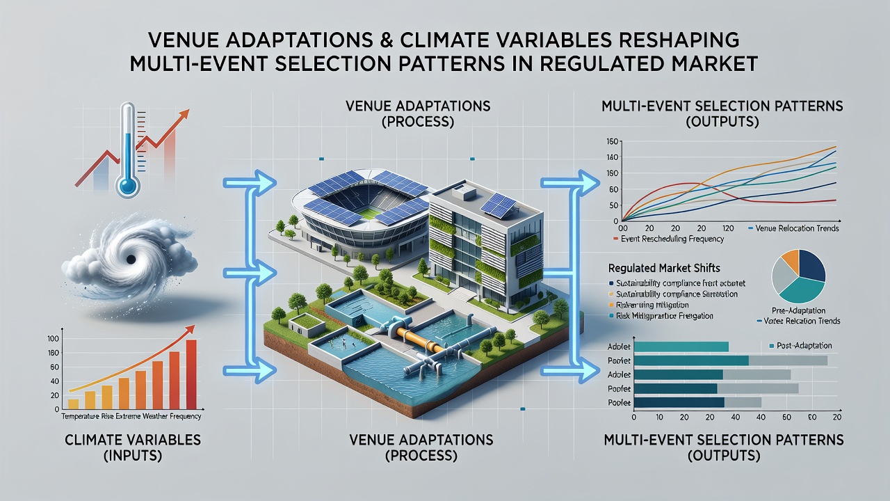 Indoor sports facility with climate adaptation features influencing event selections