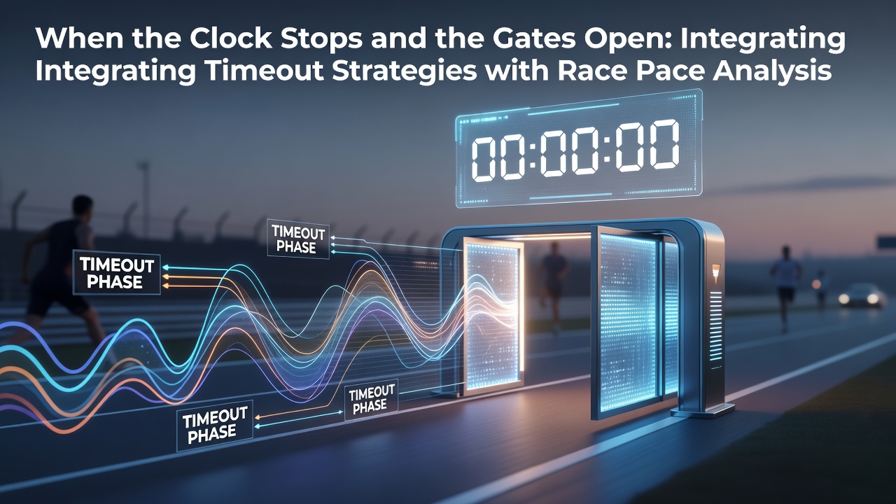 Basketball timeout huddle alongside horse racing starting gates at a combined sports analytics event