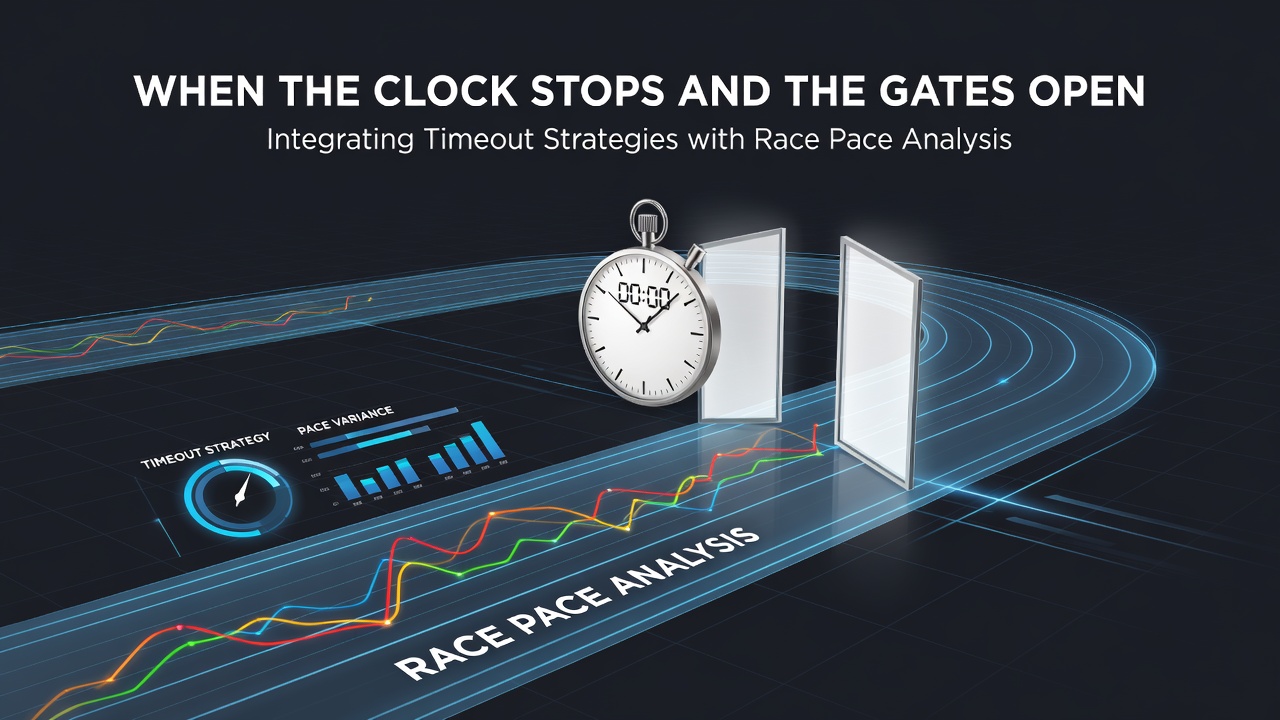Split-screen view showing basketball game clock frozen during timeout next to electronic race pace display at starting gates